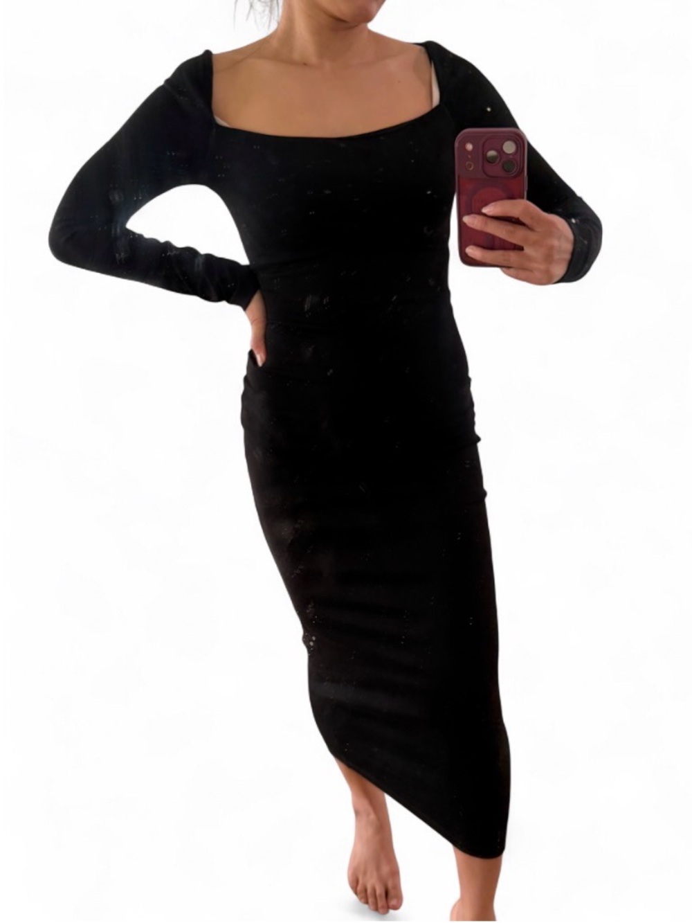 Zara Women's Black Square Neck Long Sleeve Maxi Dress Cotton